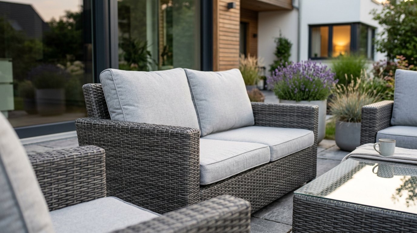 entdecken Sie ein komplettes Gartenmöbel-Set aus geflochtenem Kunstharz mit 77 % Rabatt für unter 300 Euro bei Conforama