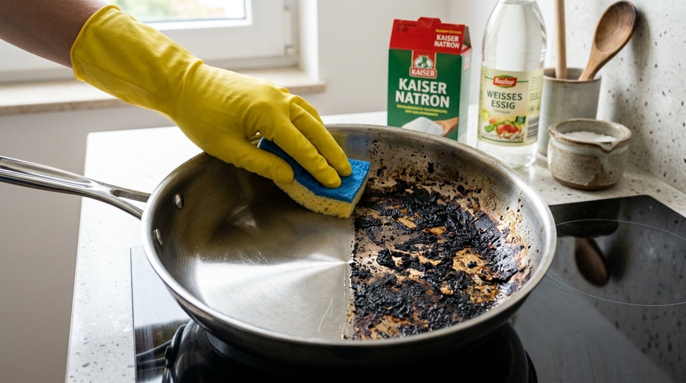 entdecken Sie wie Sie eingebrannte Pfannen mit einfachen Hausmitteln ohne Schrubben reinigen und wieder zum Glänzen bringen