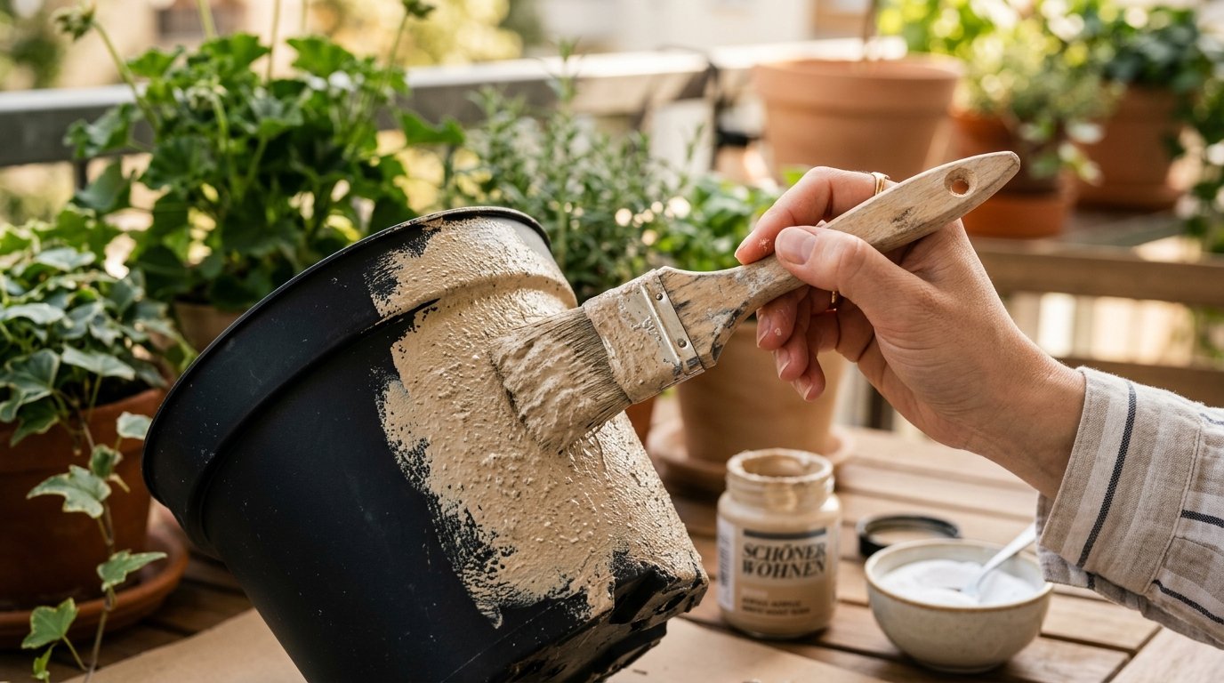 entdecken Sie, wie Sie schwarze Gärtnerei-Töpfe mit Farbe und einer Küchenzutat in elegante Keramik-Objekte verwandeln – ein DIY-Trick für unter 10 Euro